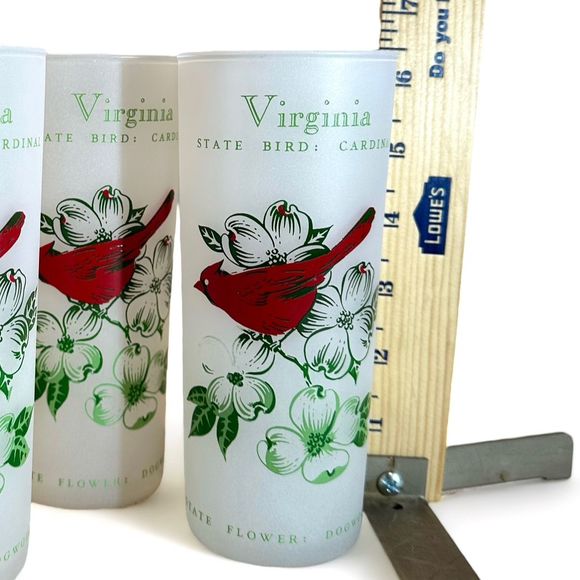 Vintage Anchor Hocking Virginia State Bird and Flower Frosted Glasses, Set of 4 - Picture 9 of 11